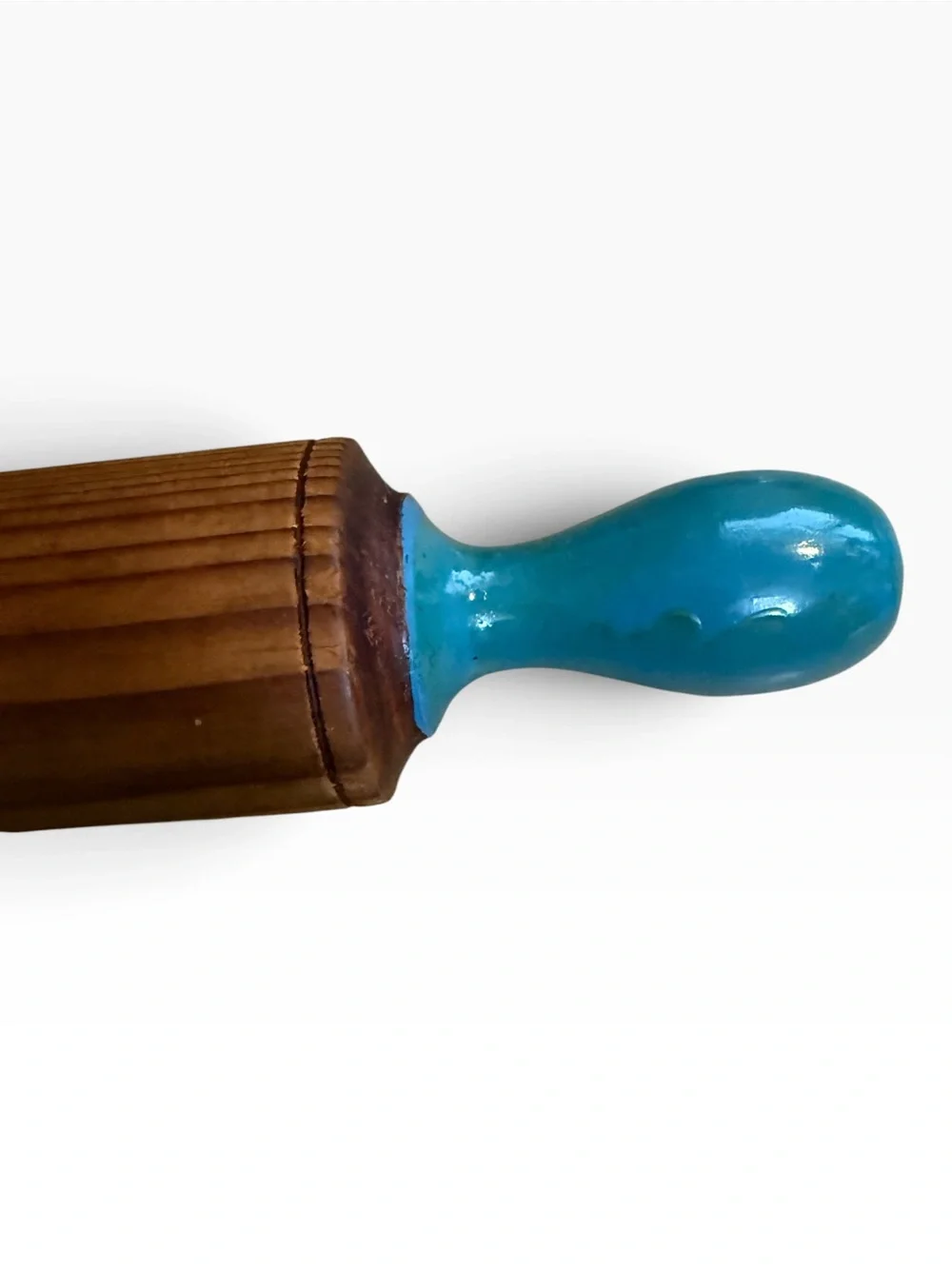 Vintage Wood Rolling Pin Featuring Painted  Teal Handles